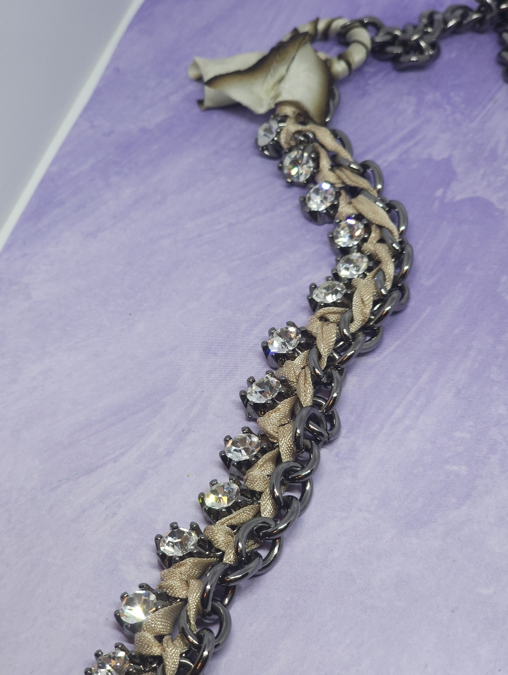 J.Crew Gunmetal Tone Chunky Chain Taupe-colored Ribbon Long Necklace - Picture 5 of 8